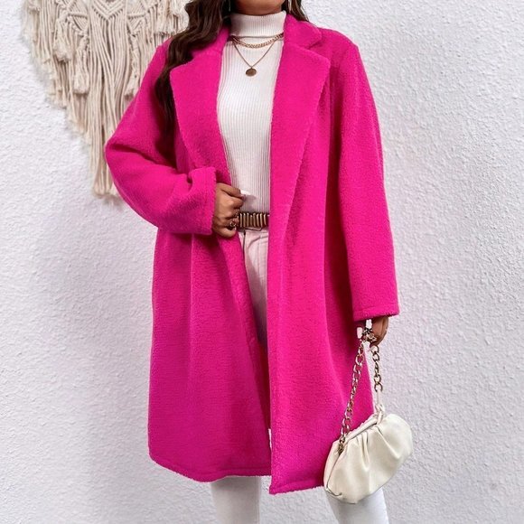 Pink Preppy Womens Lapel Neck Open Front Teddy Lined Coat - Picture 5 of 5